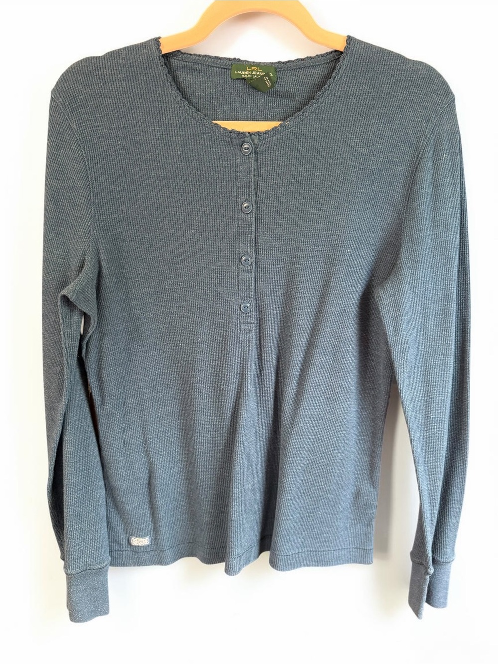 Lauren Ralph Lauren Waffle Knit Henley Top Womens XL Navy Long Sleeve